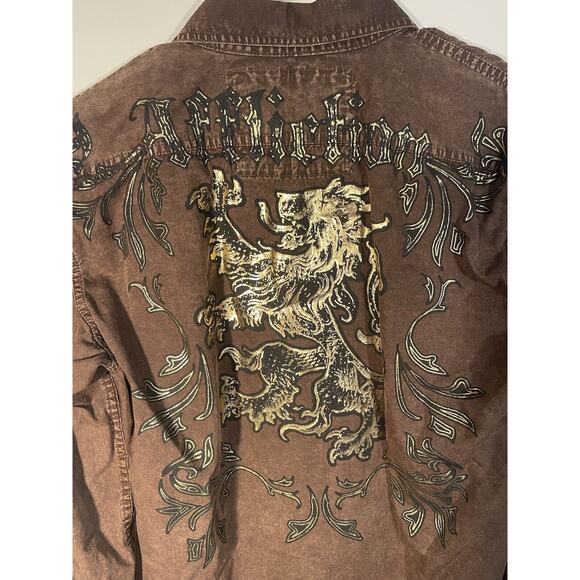 Affliction Gold Lion Brown Long Sleeve Button Up Graphic Print Men's Size M - Picture 7 of 11